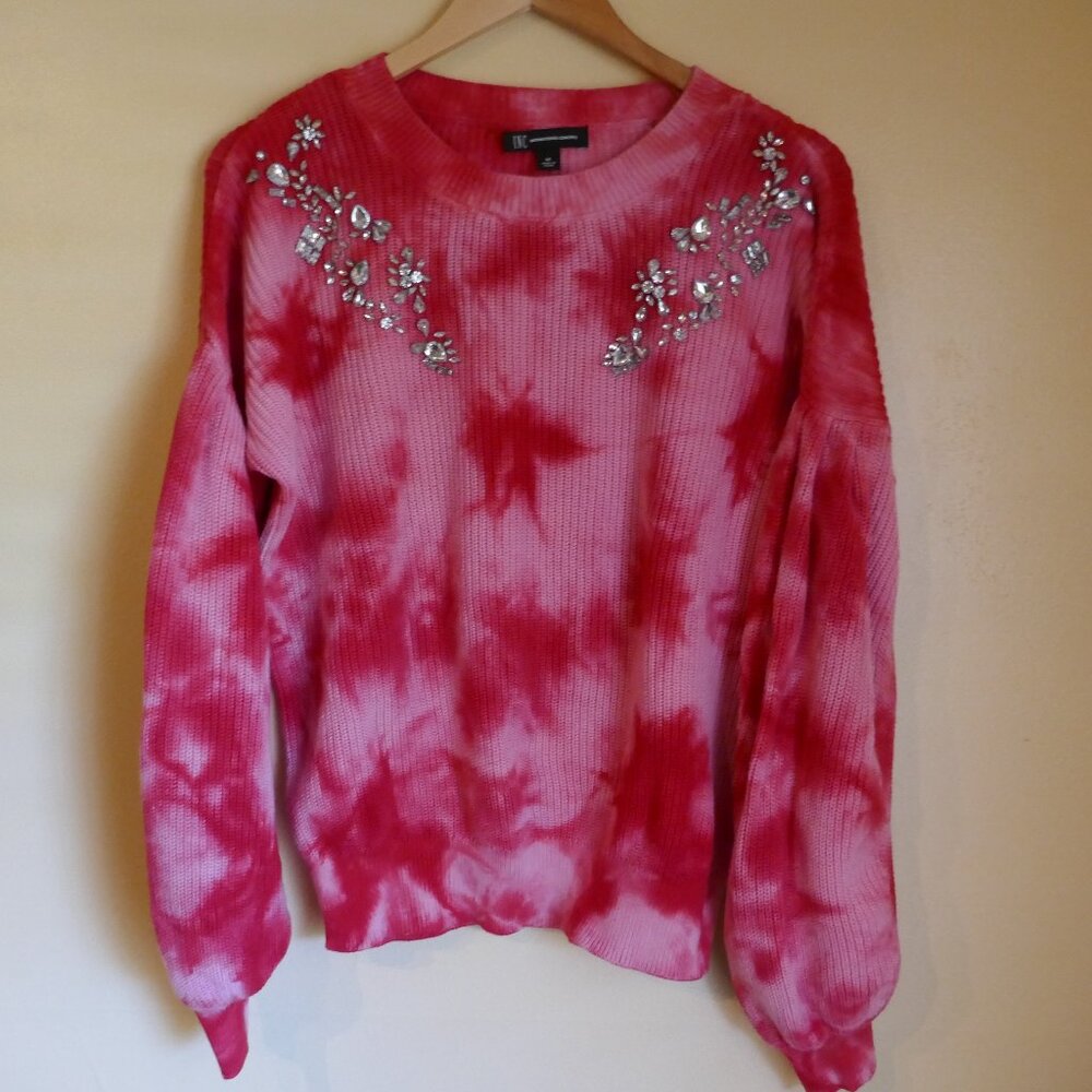 INC International Concepts Size M Jeweled Red Pink Tie-Dye Sweater